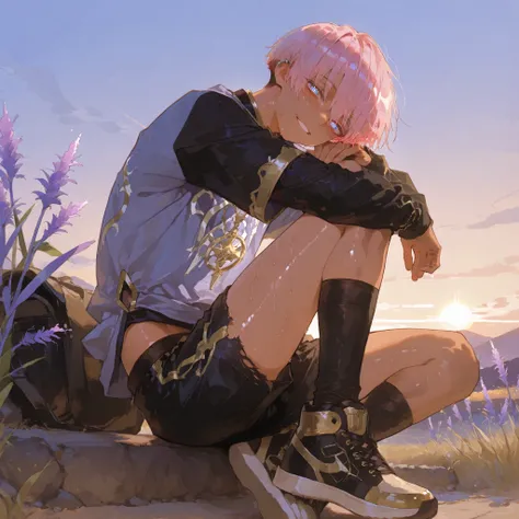     soft golden hour lighting, anime-style, detailed and vibrant, with a dark, dawn-like tone.
, fantasy outfits,  holographic, alternative-style.  tanned boy mixed-race black skinned skinny young boy with freckles, glowing clear glossy wet shiny skin, sho...