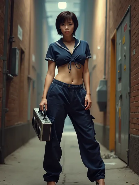 prompt
 (Ultra short hair),1 woman,front view,((full body shot)),standing,staring at camera,(best quality),masterpiece,(high res),8k,RAW,(ultra realistic),professional lighting, pan focus,(deep depth of field),insanely detailed,(golden ratio),perfect anato...