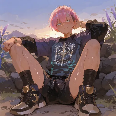 pencil sketch, soft golden hour lighting, anime-style, detailed and vibrant, with a dark, dawn-like tone.
, fantasy outfits, holographic, alternative-style. tanned boy mixed-race black skinned skinny young boy with freckles, glowing clear glossy wet...