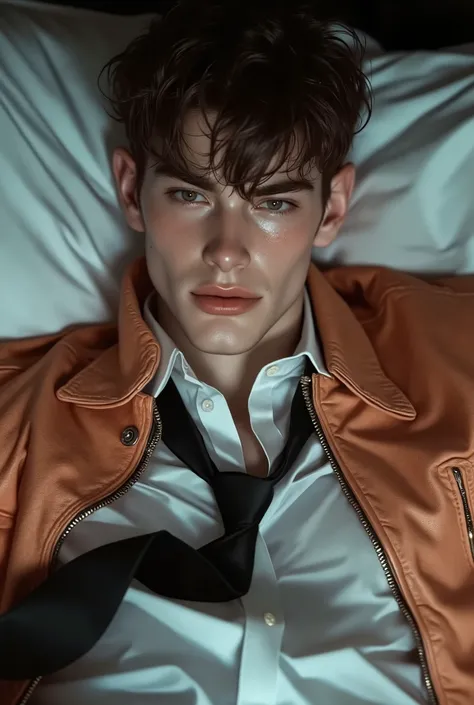 First person point of view, A handsome young man with short brunette hair, hazel eyes, On the bed, Sit-up position, wearing: The upper part of the outfit consists of a sharp mix of rugged and refined elements: a royal peach suede wrinkled zip-up jacket lay...
