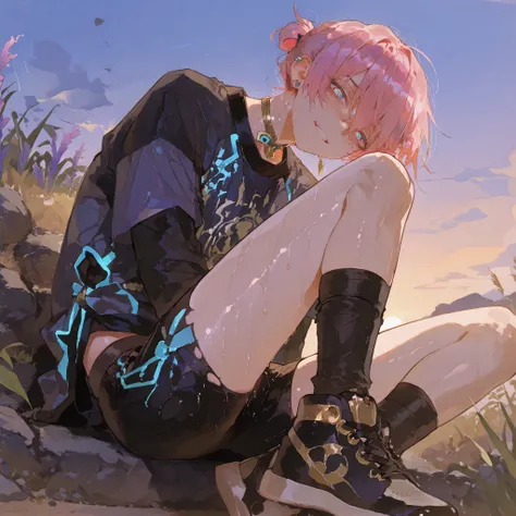     pencil sketch,  soft golden hour lighting, anime-style, detailed and vibrant, with a dark, dawn-like tone.
, fantasy outfits,  holographic, alternative-style.  tanned boy mixed-race black skinned skinny young boy with freckles, glowing clear glossy wet...