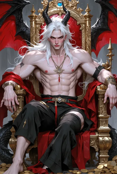 1 asian male with slanted monolid eyes, Anime illustration semi-realism of Chinese human dragon hybrid male, crooked grin, smirk, semi realistic, shirtless, topless, without shirt, (((without pants, without trousers))), muscular, (((super broad shoulders, ...