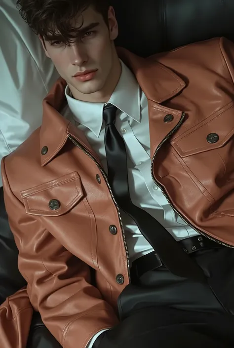 First person point of view, A handsome young man with short brunette hair, hazel eyes, On the bed, Sit-up position, wearing: The upper part of the outfit consists of a sharp mix of rugged and refined elements: a royal peach suede wrinkled zip-up jacket lay...