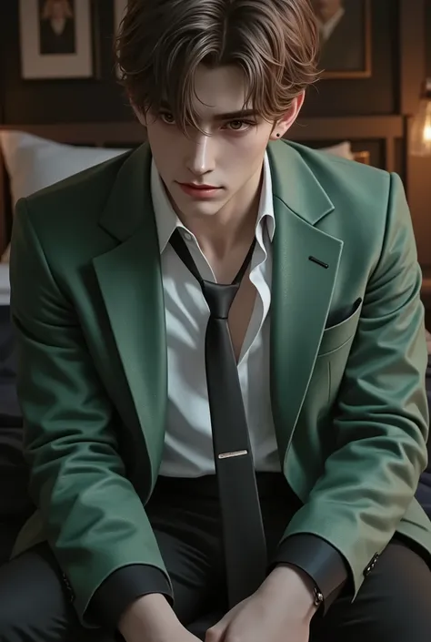 First person point of view, A handsome young man with short brunette hair, hazel eyes, On the bed, Sit-up position, wearing: The upper part of the outfit consists of a sharp mix of rugged and refined elements: a royale sage suede wrinkled zip-up jacket lay...
