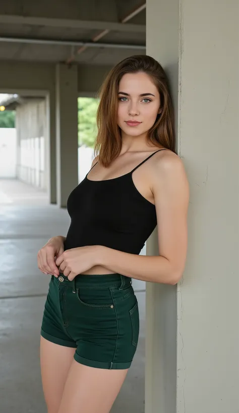 MODEL DESCRIPTION: A Ukrainian Woman with Medium Long Brown Hair. She is 162 cm tall, weighing 54 kg. This model has fair skin, fit physique, and flat chest.
OUTFIT: Black Spaghetti Strap Tank Top and Dark Green Denim Shorts
POSE: She’s leaning her back ag...