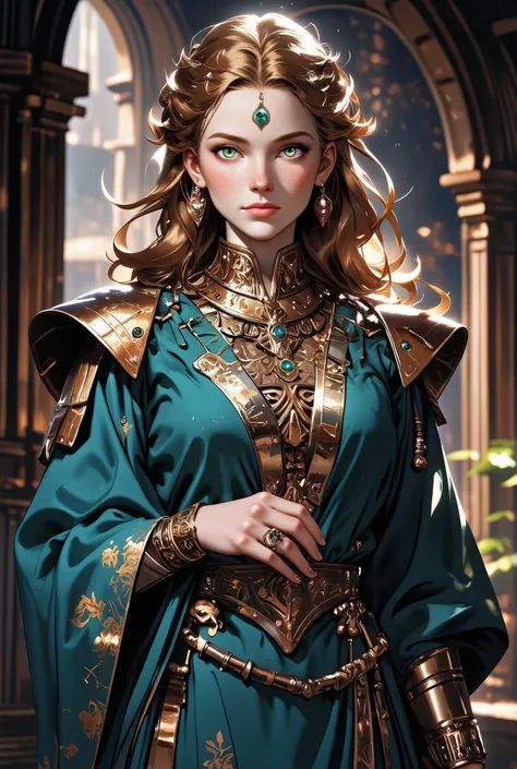 Female copper dragon in the form of a fit, athletic, female human, long copper hair with highlights, copper eyes. Wearing medieval teal dress and glowing pendant. In a hobbit city. Standing, visible down to the knees.