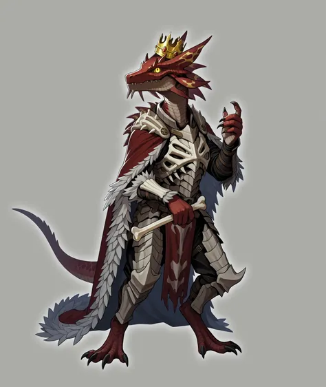 kobold, noble, scaled, reptilian, yellow eyes, bone armor, king's cape, mhmitsu, wearing a crown