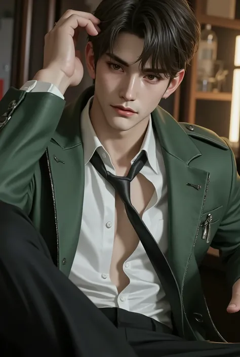 First person point of view, A handsome young man with short brunette hair, hazel eyes, On the bed, Sit-up position, wearing: The upper part of the outfit consists of a sharp mix of rugged and refined elements: a royale sage suede wrinkled zip-up jacket lay...