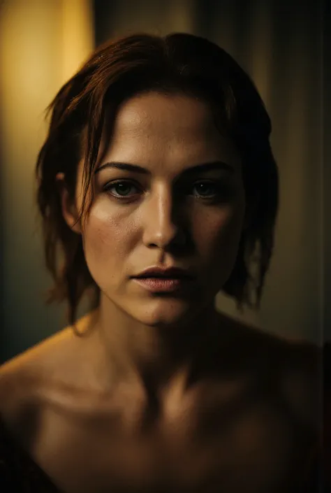 (best quality, 128k,highres,masterpiece:1.2),ultra-detailed,(realistic,photorealistic,photo-realistic:1.37), ((masterpiece)) ((photography)) ((Highest quality)) close-up ultra-detailed portrait of a fierce woman with messy wet hair, skin showing natural te...