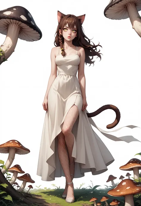 score_9, score_8_up, score_7_up, score_6_up, 1girl, yulya, long hair, brown hair, braid, side braid, single braid, animal ears, cat ears, yellow eyes, tail, cat tail, medium breasts, cat girl, Straight black mushroom cut hair, long eyelashes , soft reddish...