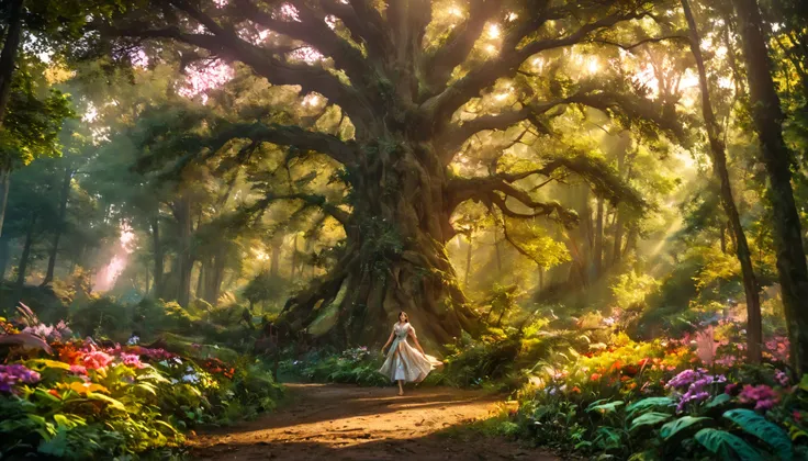A beautiful forest at dawn, idyllic,  magic, majestic, epic lighting, 8K, a girl, Detailed face, detailed eyes, detailed lip pants, long eyelashes,  beautiful dress , serene expression, lush foliage, colorful flowers, day, photorealistic, Cinematic, warm c...