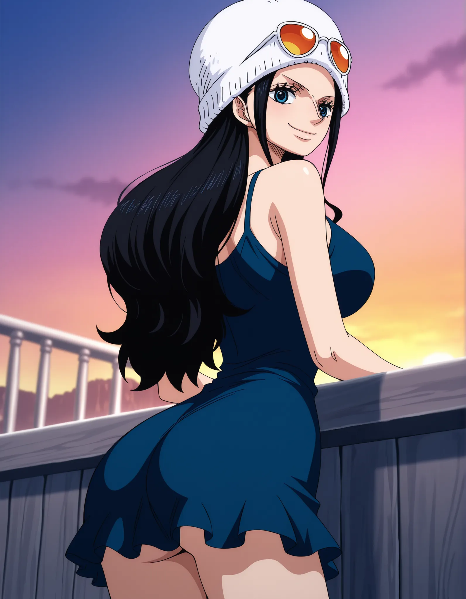 masterpiece, best quality, amazing quality, very aesthetic, smile, absurdres, newest, anime screencap, 1girl, solo, dressrosanr, blue eyes, black hair, long hair, sidelocks, nose, eyewear on head, blue dress, dark blue dress, bare shoulders, frilled skirt,...