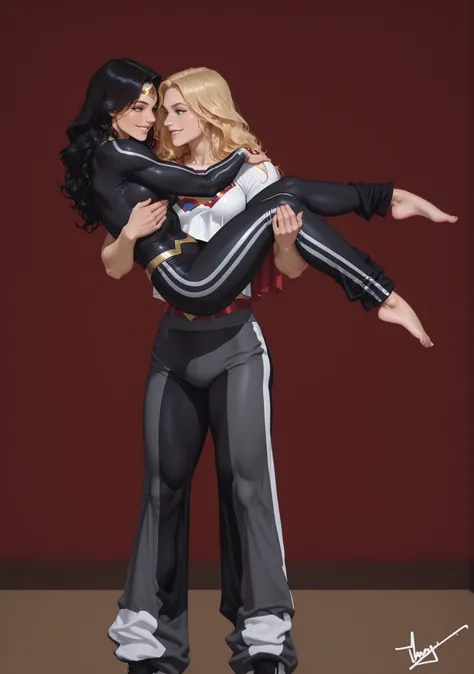 2girls, lesbian couple, strong supergirl carrying hot and curvy wonder woman on her arms, wonder woman has long black wavy hair and  is wearing a black leggings with white stripes and sexy black full-sleeve top whereas supergirl is wearing a white top and ...