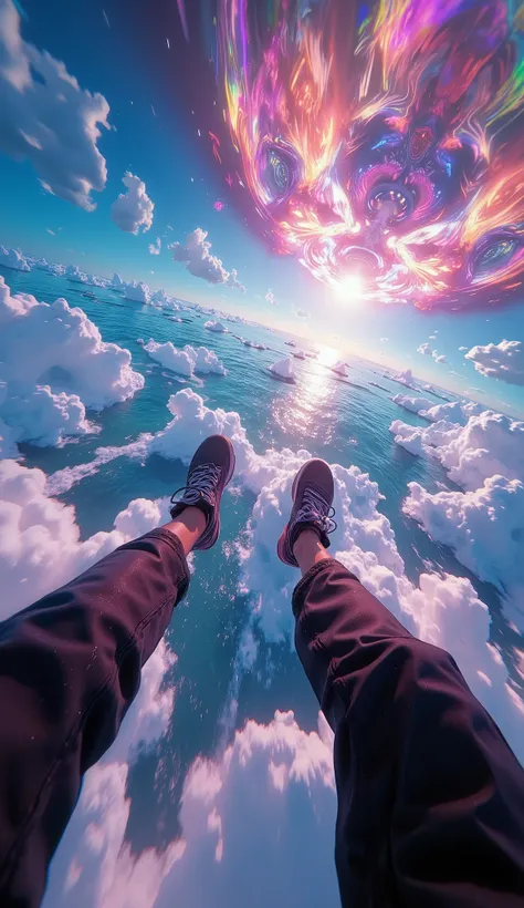 first-person view, Taken from a Gopro , Vertical Plunge , Diving, Quickly Approaching the Ocean , Colorful images of falling through the sky, conceptual fractal art taken from Gopro , dynamic shock , Beautiful lines , Extremely high quality , Prem...