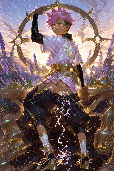  pencil sketch,  soft golden hour lighting, anime-style, detailed and vibrant, with a dark, dawn-like tone.
, fantasy outfits,  holographic, alternative-style.  tanned boy mixed-race black skinned skinny young boy with freckles, glowing clear glossy wet sh...