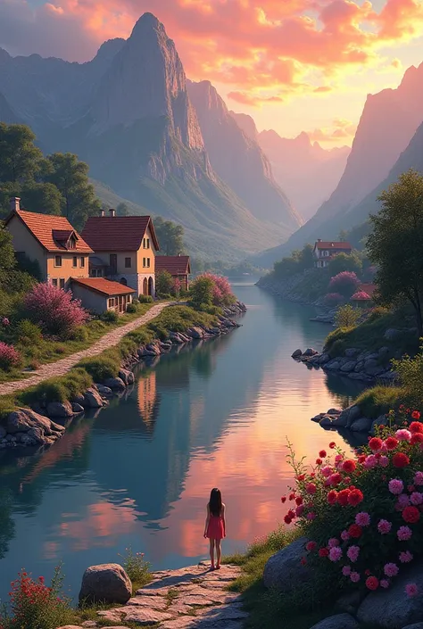A small village by the river, color of the mountain in the background, colorful flower flowers, detailed landscape, beautiful natural landscapes, atmospheric lighting, scorching sunset, warm colors, Practical, фотоPractical, detailed foliage, complex buildings, paved street, charming country house, swirl bright colors, lush vegetation, reflections on water, picturesque, idyllic, artwork, interior best quality, 8k, very detailed, anime stylization and in front of you we are lying an  girl naked and spread her legs in front of you