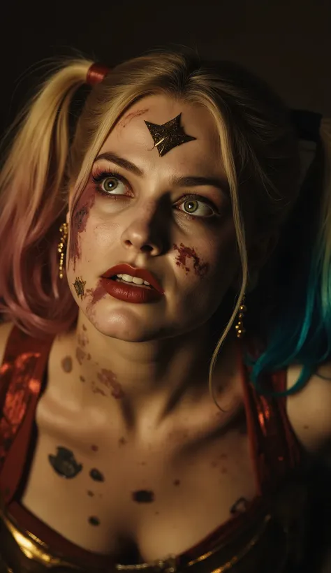 high-angle shot of a gritty Wonder Woman looking up high-angle shot of a gritty Harley Quinn looking up with a wild intense gaze, her face dirty, bruised, scratched with blood stains, messy colorful hair, smeared makeup, natural skin texture with visible p...