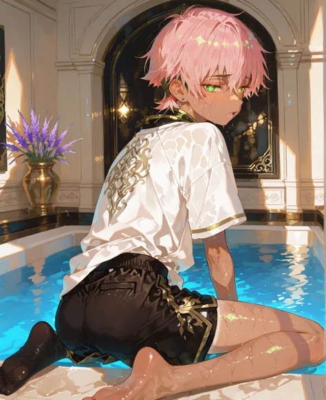 tanned mixed-race black skinned young boy with freckles, glowing clear glossy wet shiny skin, short spiky lavender and salmon pink hair , black trimmed undercut taper sides and back behind hair, and green neon eyes, wearing white GI monk baggy tech mode...