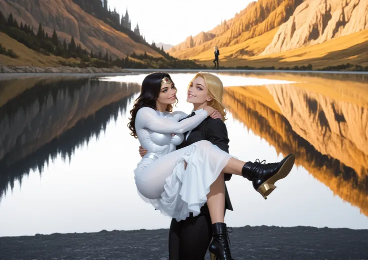 2girls, lesbian couple, strong supergirl carrying hot and curvy wonder woman on her arms, wonder woman has long black wavy hair and  is wearing a sexy white wedding dress whereas supergirl has blonde hair  and is wearing a black business suit with white sh...