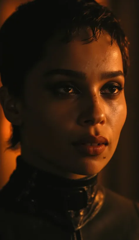 close-up high-angle shot of a gritty Catwoman with wet messy hair, sweat dripping, skin showing natural impurities, dirt, bruises and scratches on her face, intense and fierce gaze looking up, cinematic dramatic lighting with strong shadows and warm highli...