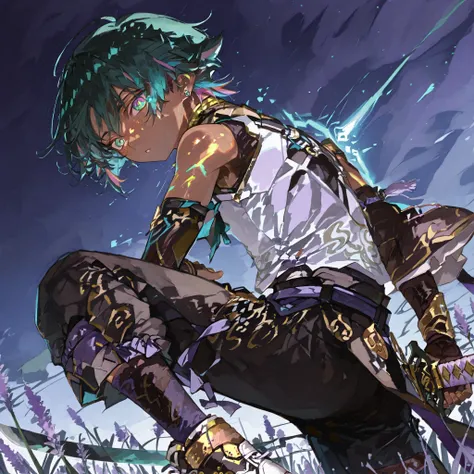  
 fantasy outfits,  holographic, alternative-style.  tanned boy mixed-race black skinned skinny young boy with freckles, glowing clear glossy wet shiny skin, short spiky lavender and salmon pink hair , black trimmed undercut taper sides and back behind ha...