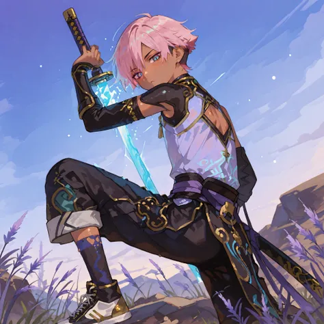 fantasy outfits,  holographic, alternative-style.  tanned boy mixed-race black skinned skinny young boy with freckles, glowing clear glossy wet shiny skin, short spiky lavender and salmon pink hair , black trimmed undercut taper sides and back behind hair,...