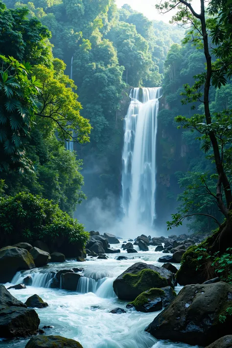 a waterfall in the middle of a jungle and the waterfall ends in a river that crosses that jungle