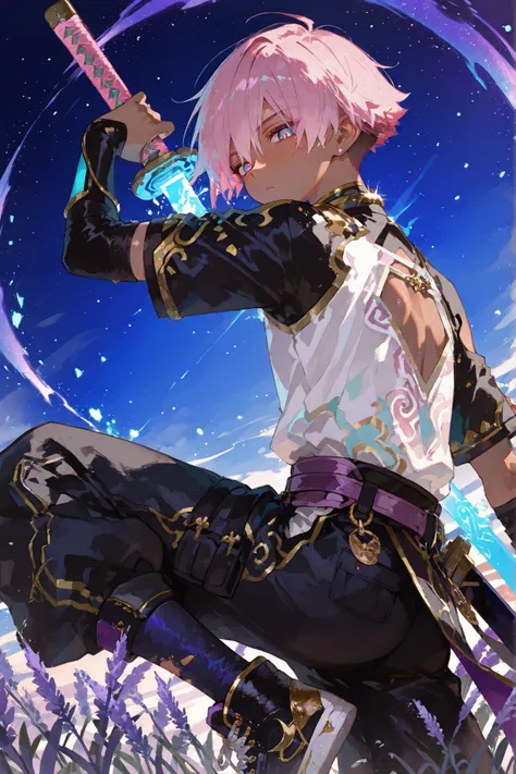 fantasy outfits, holographic, alternative-style. tanned boy mixed-race black skinned skinny young boy with freckles, glowing clear glossy wet shiny skin, short spiky lavender and salmon pink hair , black trimmed undercut taper sides and back behind hair...