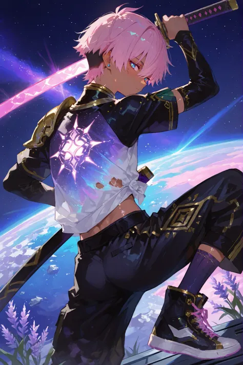 fantasy outfits, holographic, alternative-style. mannly skinny tanned black boy mixed-race black skinned skinny young boy with freckles, glowing clear glossy wet shiny skin, short spiky lavender and salmon pink hair , black trimmed undercut taper sides a...