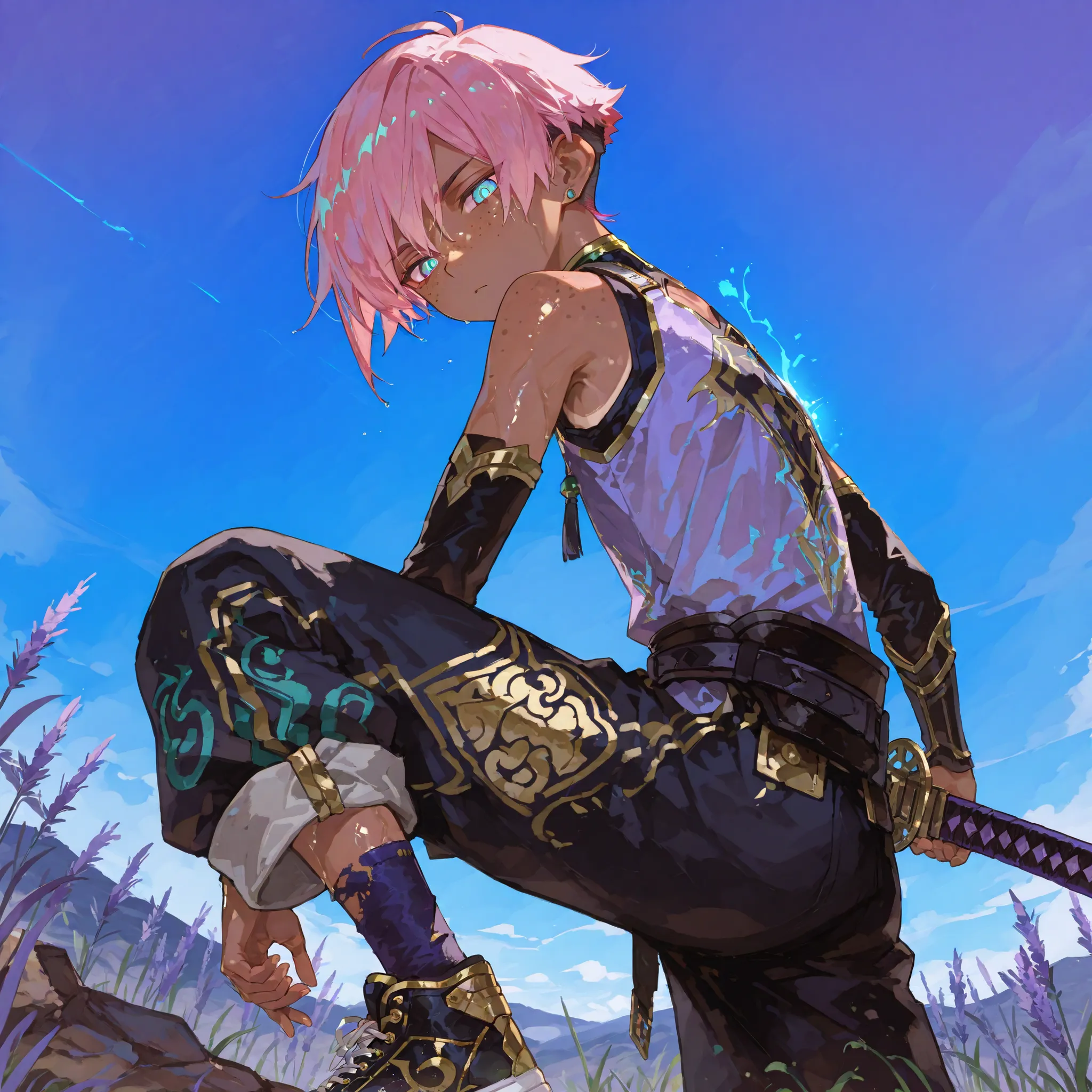 fantasy outfits, holographic, alternative-style. tanned boy mixed-race black skinned skinny young boy with freckles, glowing clear glossy wet shiny skin, short spiky lavender and salmon pink hair , black trimmed undercut taper sides and back behind ha...