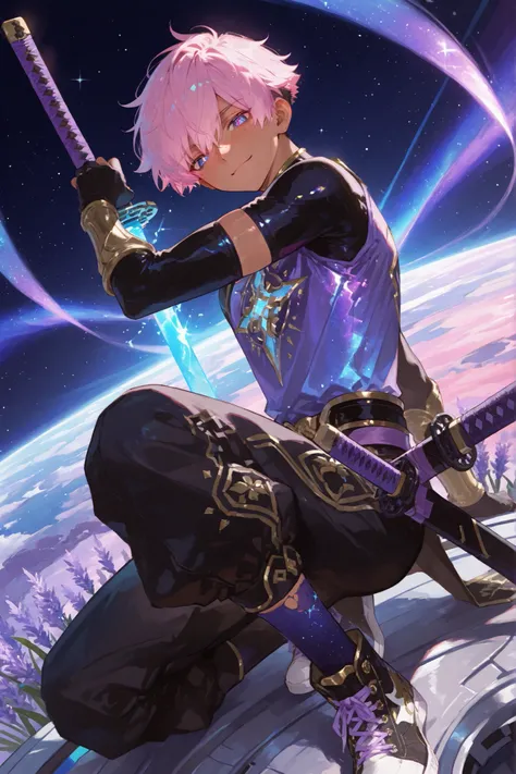 fantasy outfits, holographic, alternative-style. manly skinny tanned black boy mixed-race black skinned skinny young boy with freckles, glowing clear glossy wet shiny skin, short spiky lavender and salmon pink hair , black trimmed undercut taper sides an...