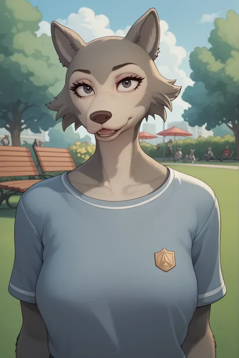Park, guy and girl, looks at the viewer, Anthropomorphic wolf girl, Anthropomorphic guy Wolf , grey fur, brown fur,