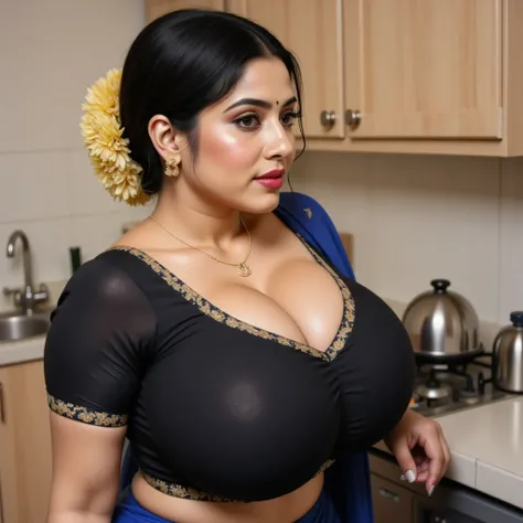 Portrait of Indian milf standing side pose, full body view, looking at camera, with lust in her eyes, black hair tied around, flowers in head,sandal mark on forehead, sindhur on forehead (vermilion mark on forehead in the middle of hair partition,transparent blue Saree, dark red lipstick, black eyeliners, eyelashes,eyebrows,eyeshades,golden noserings, ((huge breasts size: 2.0)), Half breasts out of the blouse, sexy cleavage, black with golden emproydered colour blouse, thick arms, inside kitchen, 8k , intricate details