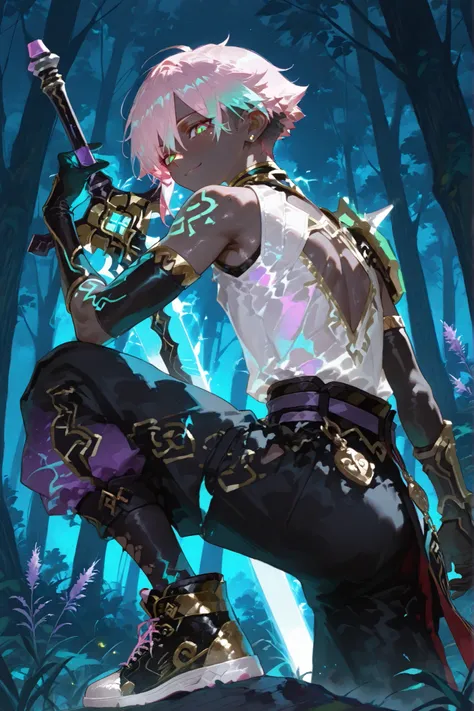 fantasy outfits, holographic, alternative-style. manly skinny tanned black skin boy mixed-race black skinned skinny young boy with freckles, glowing clear glossy wet shiny skin, short spiky lavender and salmon pink hair , black trimmed undercut taper sid...