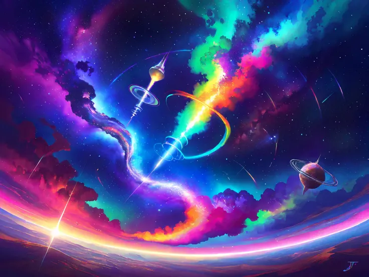 An ultra vivid galactic scene, hyper colorful and fantastical like a dream captured by the James Webb Space Telescope. The background filled with giant planets of different sizes and colors — radiant emerald green, neon pink, vibrant purple, glowing gold. ...