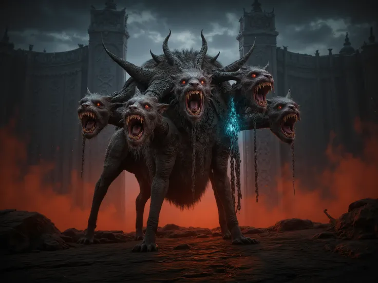 A colossal Cerberus stands guard before the cracked obsidian gates of the Underworld. He has one massive, muscular body with four powerful legs, and three snarling canine heads branching from a shared thick neck and shoulders. Each head has molten glowing ...
