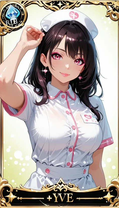 card gameのデザイン、キラキラ✨️、trading cardのデザイン、Beautiful Girlカード、輝きの nurseのカードデザイン, high resolution、4K、Precise、PHOTO REALISTIC、professional、DETAILS、real、HDR、Vivid Color、bokeh、Beautiful Girl、 nurse、characters、Single color background, simple background, card game、t...