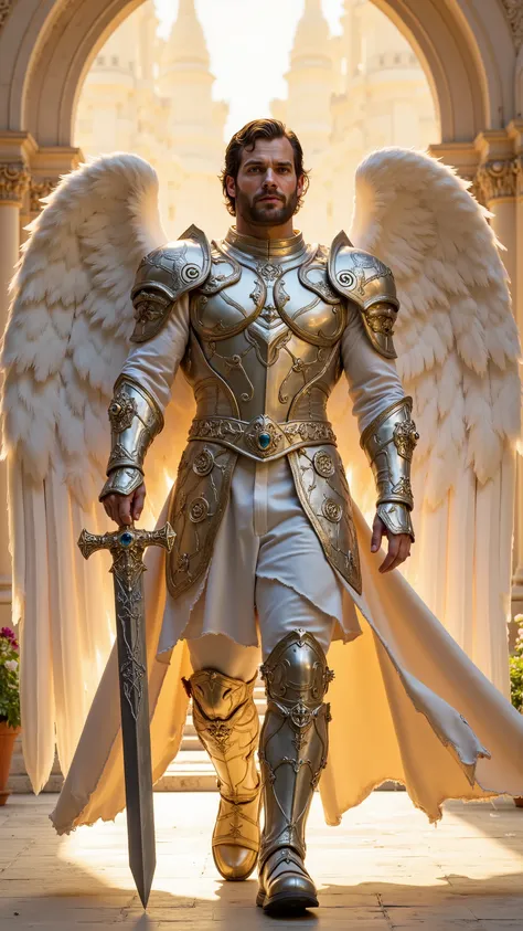 Henry Cavill reimagined as a majestic angel Gabriel walking and holding a longsword with huge white angel wings with detailed feathers, 1 male, athletic body, tall height, wavy dark brown hair, fair skin, chiseled jawline, bright piercing blue eyes, dresse...