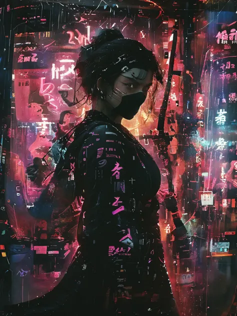 8k,masterpiece,best quality,woman Ninja wearing a stylish ninja hoodie maiko style showing off cleavage and coverd single eye wirh black eye patch cloth, standing quietly with her hand on the sword and the other hand Holding a shuriken stowed on her back i...