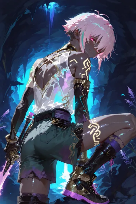 fantasy outfits, holographic, alternative-style. manly skinny tanned black skin boy mixed-race black skinned skinny young boy with freckles, glowing clear glossy wet shiny skin, short spiky lavender and salmon pink hair , black trimmed undercut taper sid...