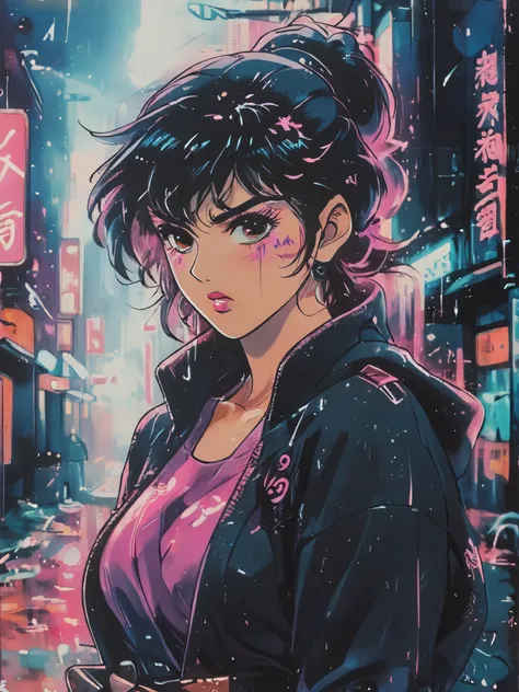 8k,masterpiece,best quality,woman cyberpunk wearing a stylish ninja hoodie maiko style showing off cleavage and coverd single eye wirh black eye patch cloth, standing quietly with her hand on the sword and the other hand Holding a shuriken stowed on her ba...