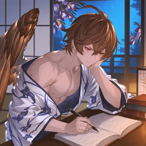 colored art, tsundere, desk full of books, studying, japanese room, night, muscolar body, sexy male, half open yukata, gbfpxnl, {{character}} \(granblue fantasy\) ,Brown hair, one brown wing in his left shoulder, red eyes, 1boy, focus on his face, anime ...