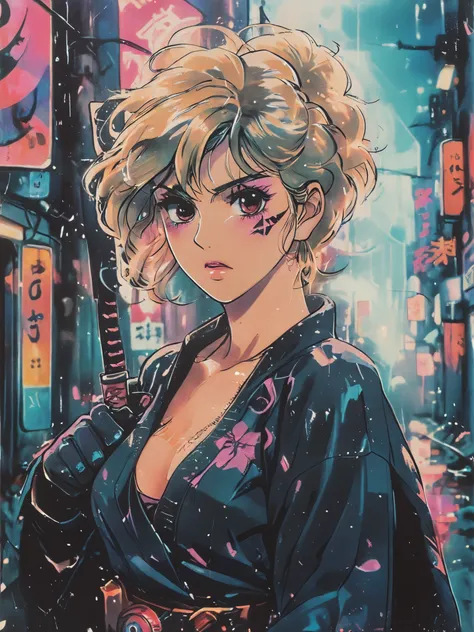 8k,masterpiece,best quality,woman cyberpunk blonde  maiko style showing off cleavage and coverd single eye wirh black eye patch cloth, standing quietly with her hand on the sword and the other hand Holding a shuriken stowed on her back in a future night ra...