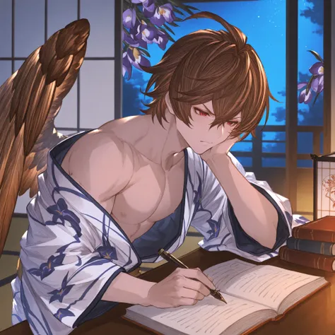 colored art, tsundere, desk full of books, studying, japanese room, night, muscolar body, sexy male, half open yukata, gbfpxnl, {{character}} \(granblue fantasy\) ,Brown hair, one brown wing in his left shoulder, red eyes, 1boy, focus on his face, anime ...