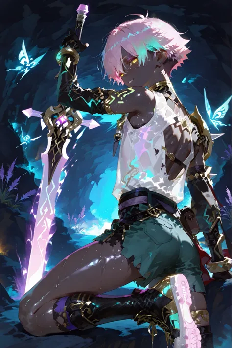fantasy outfits, holographic, alternative-style. manly skinny tanned black skin boy mixed-race black skinned skinny young boy with freckles, glowing clear glossy wet shiny skin, short spiky lavender and salmon pink hair , black trimmed undercut taper sid...