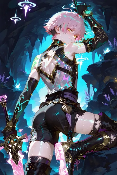 fantasy outfits, holographic, alternative-style. manly skinny tanned black skin boy mixed-race black skinned skinny young boy with freckles, glowing clear glossy wet shiny skin, short spiky lavender and salmon pink hair , black trimmed undercut taper sid...