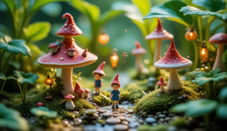Create a microscopic view of a small, bustling Little Elf village nestled in the heart of a lush forest. The village is filled with adorable, miniature mushroom houses with red and white hats, little elves walking around in their blue clothes, and lush , g...