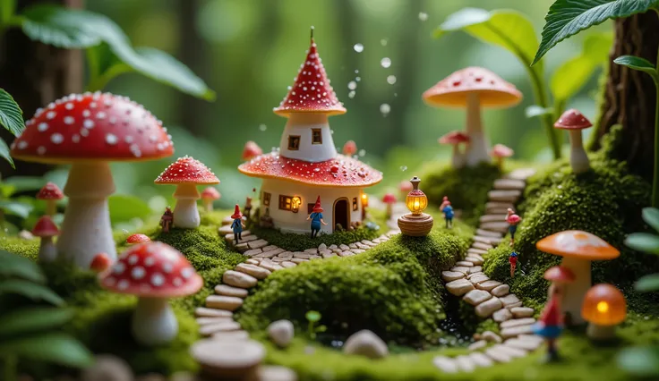 Create a microscopic view of a small, bustling Little Elf village nestled in the heart of a lush forest. The village is filled with adorable, miniature mushroom houses with red and white hats, little elves walking around in their blue clothes, and lush , g...