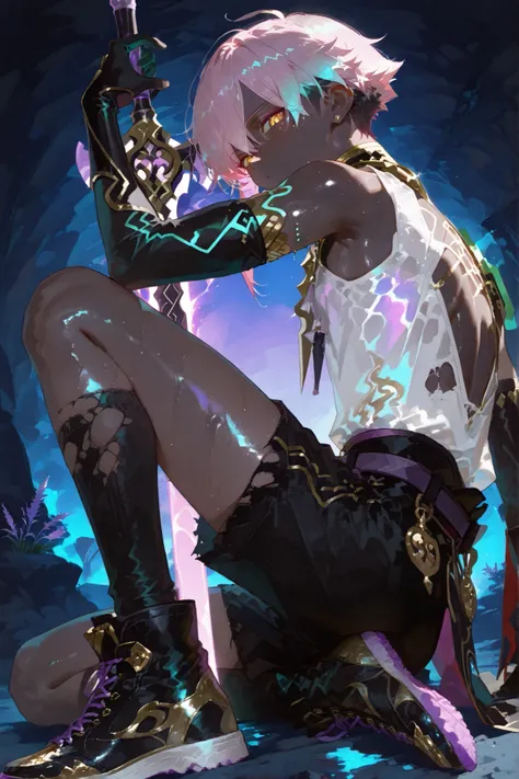 fantasy outfits, holographic, alternative-style. manly skinny tanned black skin boy mixed-race black skinned skinny young boy with freckles, glowing clear glossy wet shiny skin, short spiky lavender and salmon pink hair , black trimmed undercut taper sid...