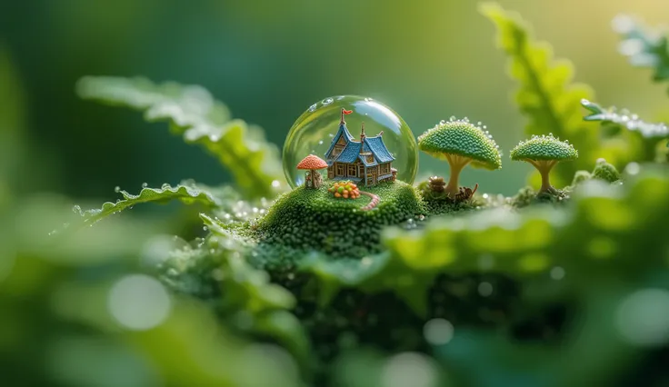 An enchanting microscopic world hidden within a single drop of morning dew, delicately balanced in a vibrant fern leaf. Inside the drop , a luminous kingdom filled with miniature bioluminescent creatures, crystalline houses, and intricate paths sculpted f...